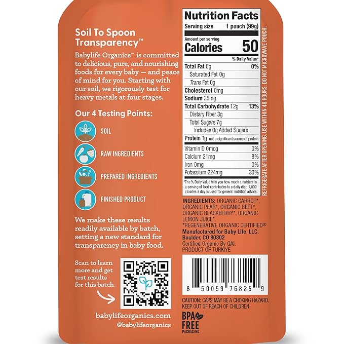 Babylife Organics Stage 2 - Carrot, Pear, Beet & Blackberry, 3.5 Ounce Pouch (6 Pack) - Heavy Metal Safe, Organic Baby Food