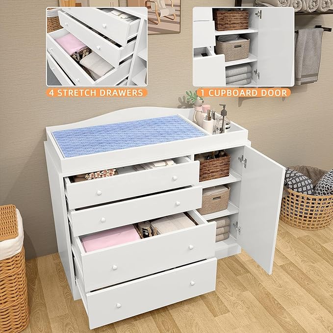Changing Table with 4 Drawers and Open Storage Space, Drawer Changing Table