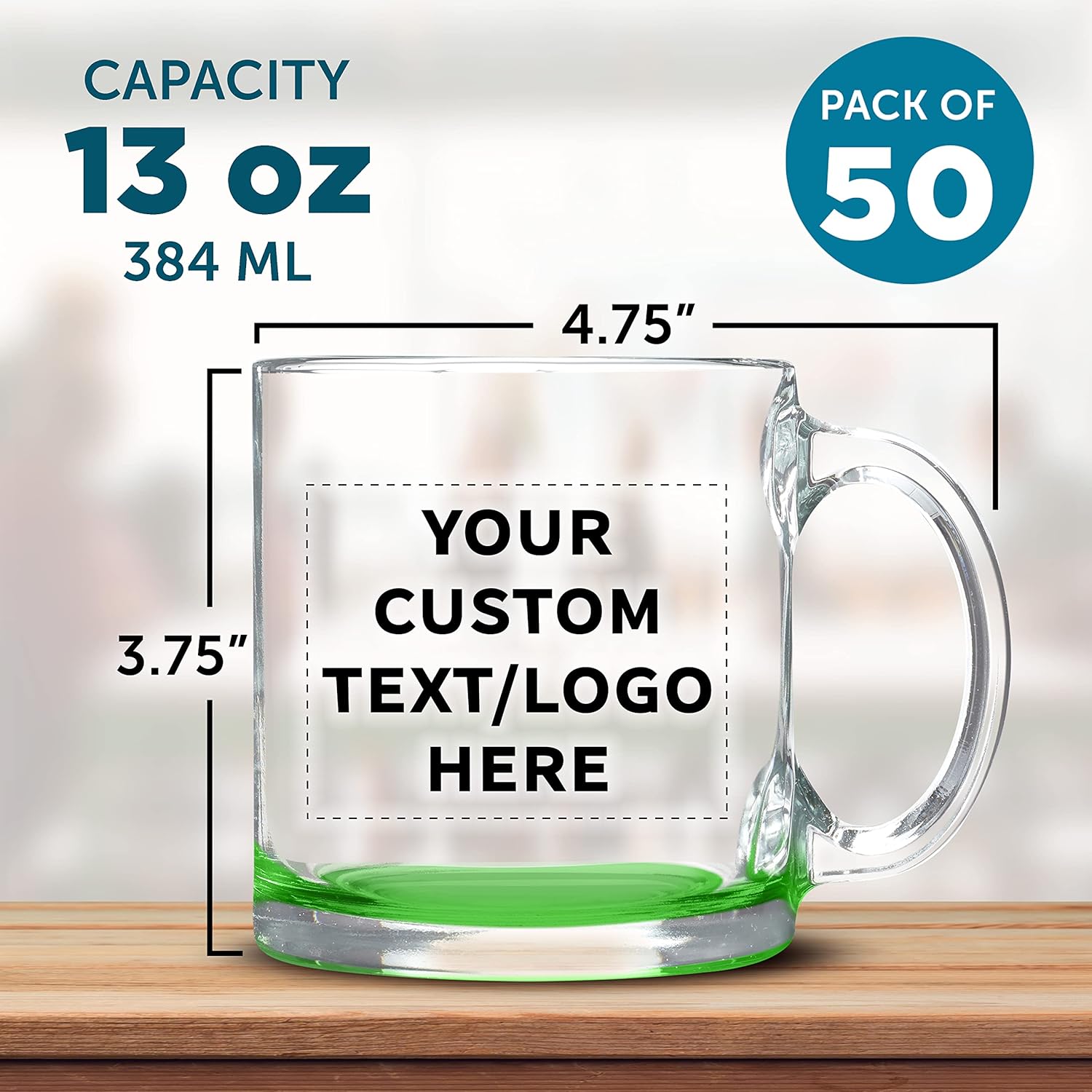 Custom Libbey Clear Glass Coffee Mugs 13 oz. Set of 50, Personalized Bulk Pack - Perfect for Coffee, Tea, Espresso, Hot Cocoa, Other Beverages - Green Bottom