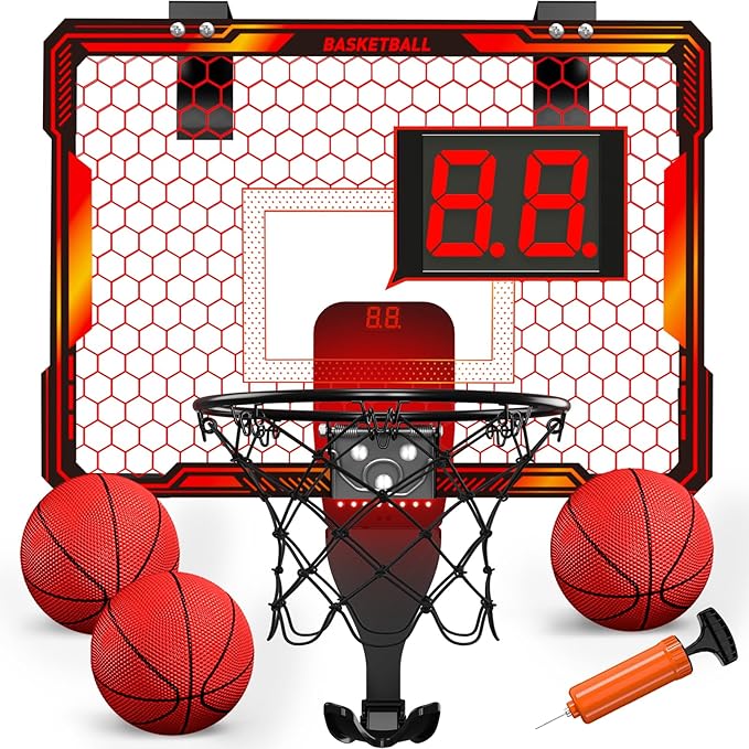 Mini Basketball Hoop Indoor with 7 LED Lighting, Scoreboard, 3 Modes, Volume Adjustable, Over Door Basketball Hoop Foldable, Basketball Toys for Kids Adults Gifts (Red)