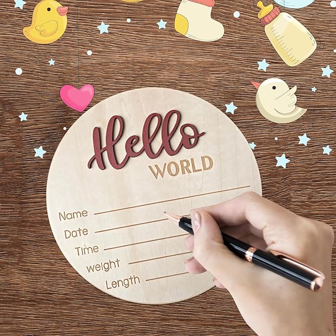 Baby Announcement Sign, 5.9 Inch Wooden Hello World Newborn Signs, Birth Announcement Sign, Baby Shower Hospital Nursery for Newborn Boys and Girls (Tea Red)