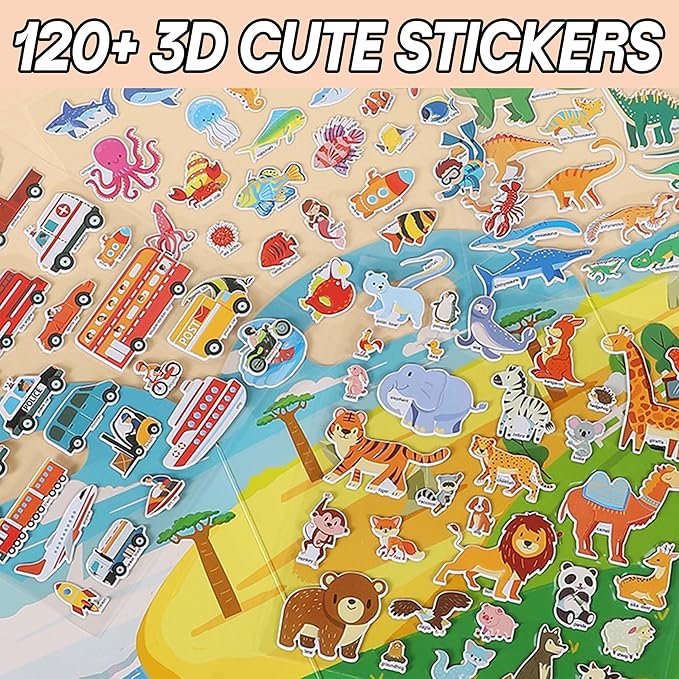 4 Sets Sticker Books for Toddlers 2-4 Years, 122 Pcs Puffy Stickers for Kids, 3D Sticker Books for Toddlers 1-3, Toddler Airplane Travel Essentials for Kids