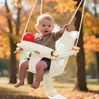 Wooden Hanging Baby Swing with Soft Safety Belt, Cozy Infant Swing Seat for Indoor & Outdoor Use, Adjustable Height, Includes Mounting Hardware – Suitable for Babies & Toddlers(Fox-Themed in Beige)