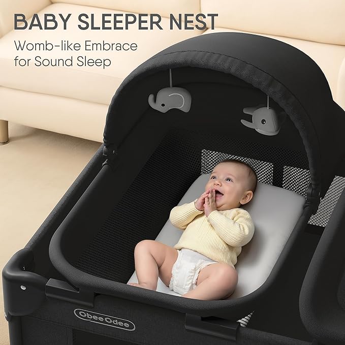 4-in-1 Baby Bassinet with Playard, Sleeper Nest, Changing Table, Mosquito Net & Canopy, Storage and Toys for Newborn to Toddler