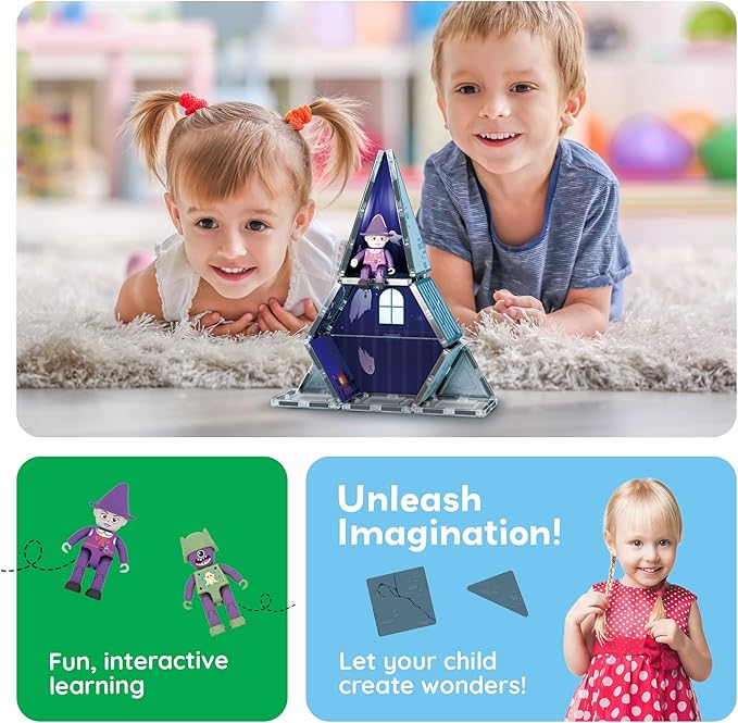 PicassoTiles Haunted House Theme Magnet Tile Building Blocks 8 Action Figures Magnetic Construction Toy Double Sided Printing Education STEM Learning Playset Halloween Adventure Kid Ages 3+ PTQ03
