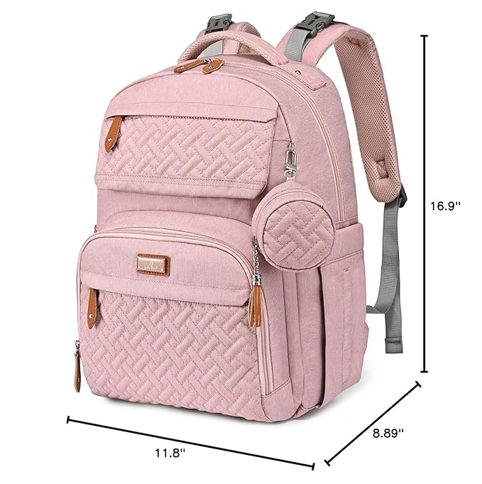 BabbleRoo Diaper Bag Backpack, Travel Backpack with Changing Pad, Pacifier Case & Stroller Straps, Multifunction, Waterproof, Unisex – Pink