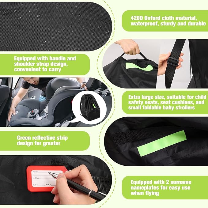 Car Seat Bags For Airplane Travel, Durable Carseat Cover For Air Travel Car Seat Travel Bag with Shoulder Straps and 2pcs Luggage Tags For Airplane