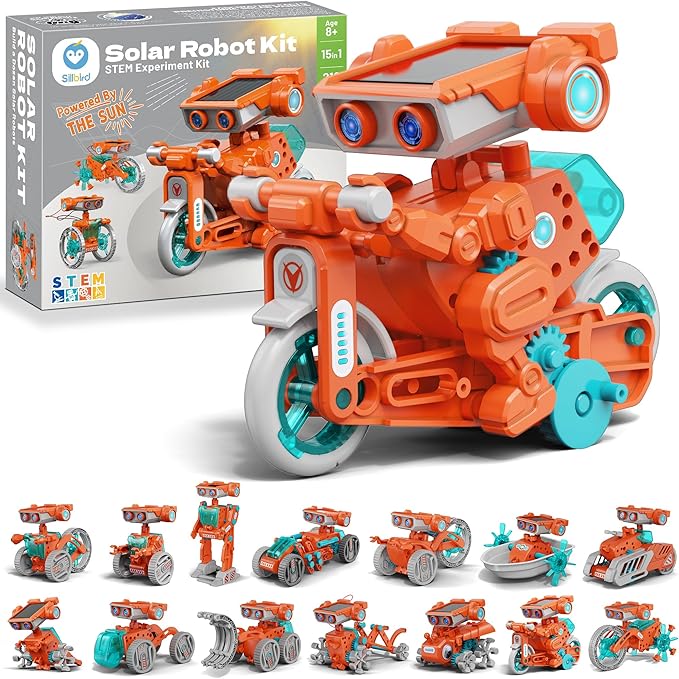Sillbird Solar Robot Building Kit STEM Gift for Boys Aged 8-14, 15-in-1 DIY Science Educational Robotic Set, Solar or Battery Powered Toy for Kids Birthday with 212 Pieces