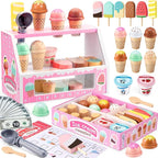WHOHOLL Wooden Ice Cream Counter Playset for Toddler Girl Toys, Play Store Pretend Toy Food Play Kitchen Accessories with Fake Money & Coin, Gifts for 3+ Year-Old Kids (Pink)