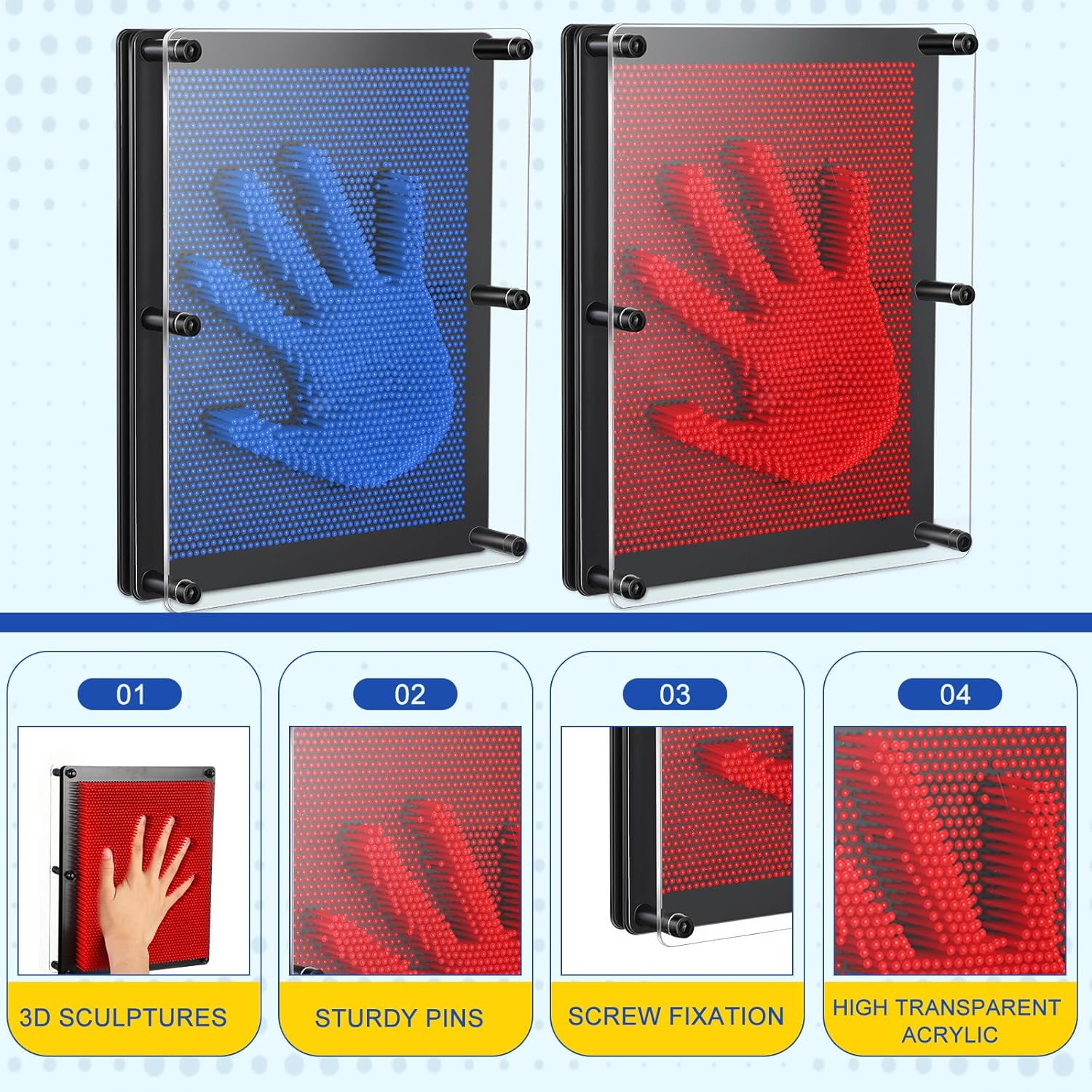 2 Pack Extra Large 3D Pin Art Board Toy 10 x 8 Inch Plastic Pin Art Board Sensory Toy Stress Relief Fidget Toy for Boys Girls Adult Creative Fidgets Christmas Birthday Gifts, (Red and Blue)