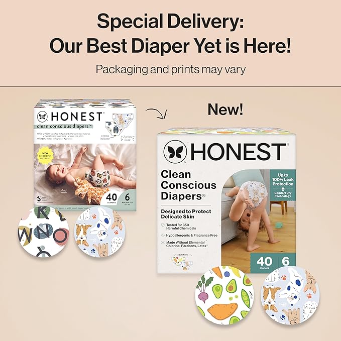 The Honest Company Clean Conscious Diapers for Delicate Skin | Up to 100% Leakproof | Hypoallergenic, Fragrance Free | Gender Neutral | Club Box, Size 6 (35+ lbs), 40 Count (Prints May Vary)