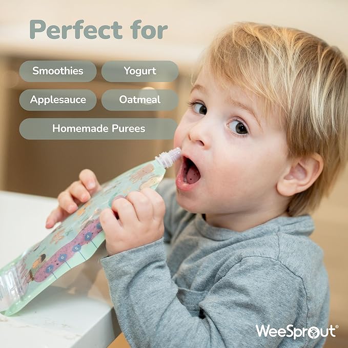 WeeSprout Double Zipper Reusable Food Pouches, Perfect for Babies & Toddlers, Freezer & Dishwasher Safe (Animals, 3.4 Fl Oz (Pack of 6) + Pouch Filler)