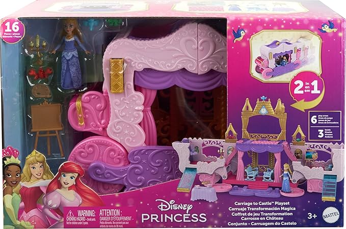 Mattel Disney Princess Toys, Carriage to Castle Transforming Playset with Aurora Small Doll, 4 Figures, Furniture & Accessories