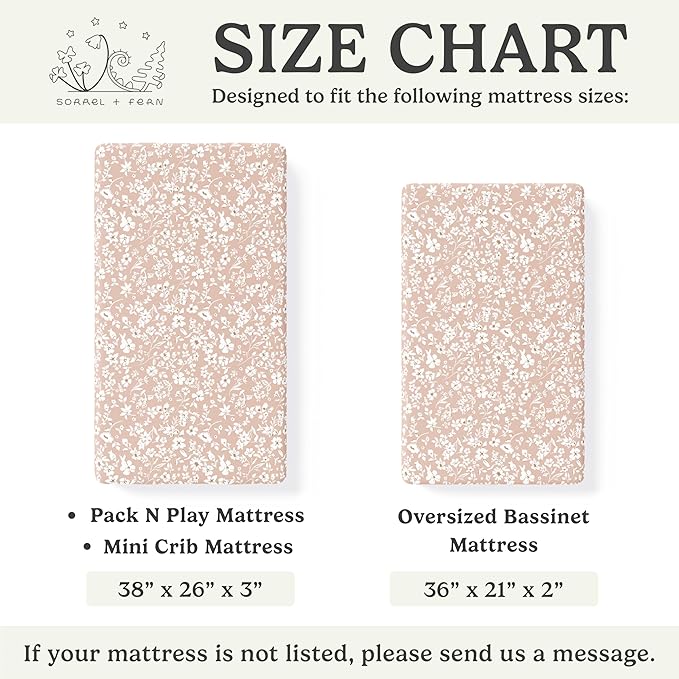 Pack and Play Sheets Fitted, Mini Crib Sheets for Graco Pack N Play Playard (38x26), Ultra Soft Organic Cotton Blend, Safe & Snug Playpen Mattress Sheet for Baby Boys & Girls – Fleurette, 2-Pack