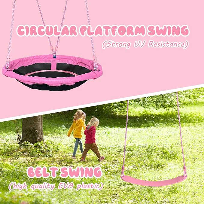 440lbs 2 Seat Kids Swing Sets for Backyard, 1 Saucer Tree Swing 32 inch, 1 Belt Swings, Heavy Duty Metal Swing Stand with Anchors(Pink+Blue)