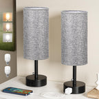 Grey Bedside Table Lamps Set of 2-3 Color Temperatures Pull Chain Lamp with AC Outlet Charging Port, Round Night Stand Lamps for Bedroom Office, Small Bed Side Light with E26 LED Bulbs