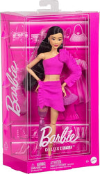 Barbie Deluxe Style Doll #2 in Barbiecore Outfit, Black Hair and Glittery Prosthetic Leg, Pink Top and Skirt Set with Rosette Detail and Accessories