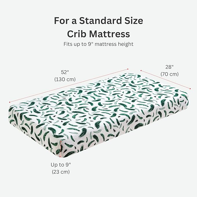 Margaux & May Organic Muslin Cotton Baby Crib Sheet, Green Feather Print, Fitted, Breathable, Toddler Bedding, 52 x 28, Deep Pocket, Organic Crib Sheets for Cozy Sleep