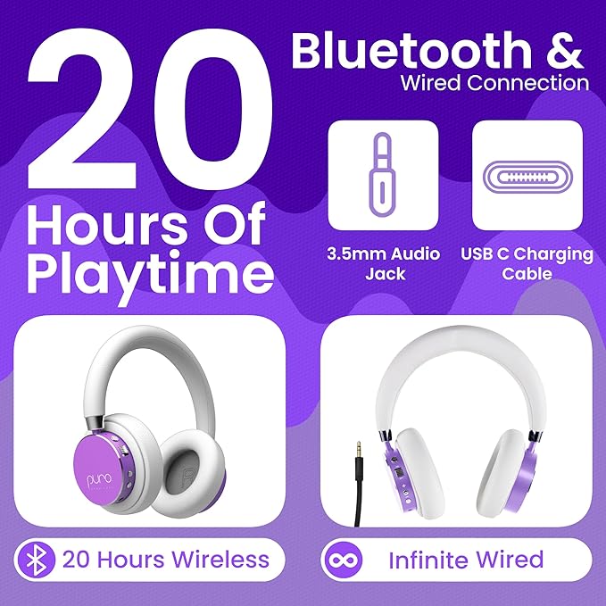 Puro Sound Labs BT2200 Plus Kids Bluetooth Headphones – Volume-Limiting 85dB, Studio-Grade Audio, Over-Ear & Comfy Design, 20-Hour Battery Life, Easy to Connect Wireless Headphones for Kids, Purple