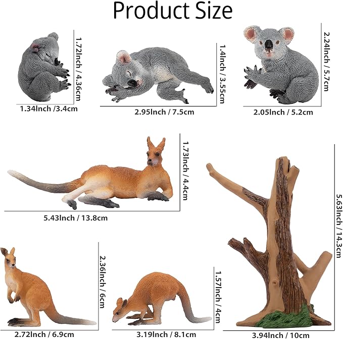 Toymany 7PCS Australian Wildlife Animal Figurines Includes Koala and Kangaroo Figure Toy, Plastic Forest Animal Figures Toy Set, Cake Toppers Christmas Birthday Gift for Kids Toddlers