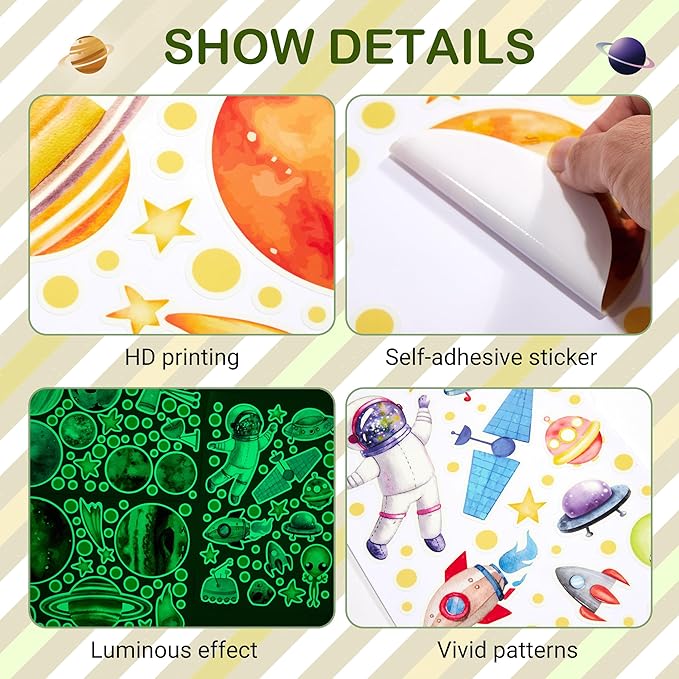 Watercolor Solar System Wall Decals, Glow in The Dark Stars, Kids Planets Sticker for Ceiling, Astronaut Wall Stickers for Bedroom（Green）