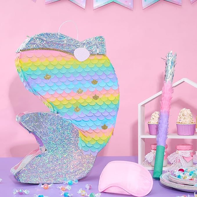 WERNNSAI Dolphin Piñata for Girls - Mermaid Princess Birthday Decorations Dolphin Pinata for Kids Under the Sea Girl Party Game Supplies with Blindfold and Bat (12.5" x 16.5" x 3")