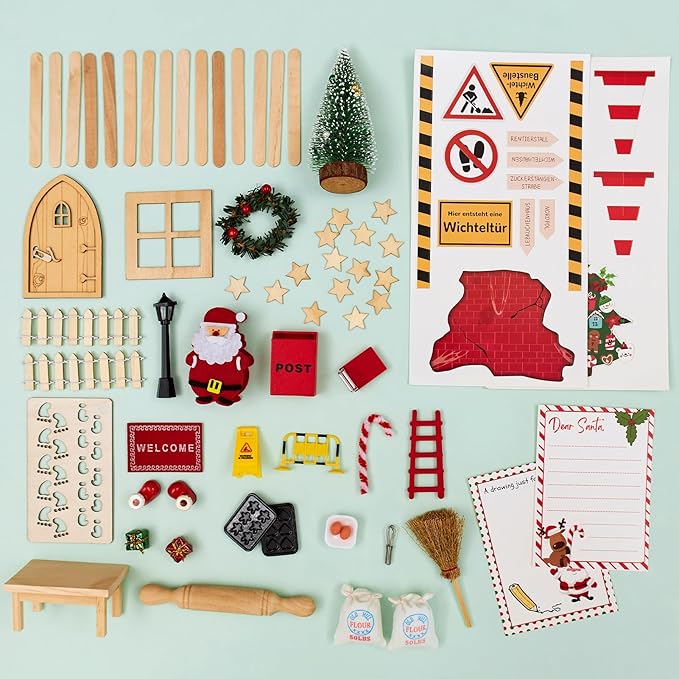 SUNBEAUTY Dollhouse Christmas Decorations Elf Door Kit Dollhouse Accessories with Miniature Christmas Tree Fairy Door Santa Claus Snowflake DIY Miniature House Kit Xmas Decor