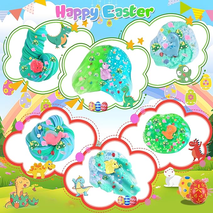 LAWOHO 6 Pack Dinosaurs Slime Kit for Kids - Cloud, Butter, Clear Slimes with Glow in The Dark Add-ins, Green & Blue Dino Slime, Super Soft and Non-Sticky, Birthday Party Favor for Boys & Girls