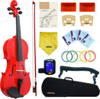 1/4 Fiddle Red Colored Premium Violin Outfit for Beginners Adults Kids With 5 Color Fingering Tape- Handcrafted Student Beginner Violin. (Red, 1/4)