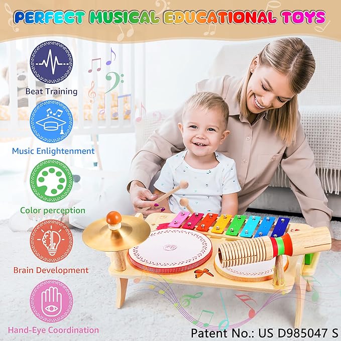 Wingyz Kids Drum Set for Toddlers Baby Music Instruments 7 in 1 Montessori Preschool Musical Toys Children Drum kit Xylophone Tambourine Birthday Gifts for Boys and Girls