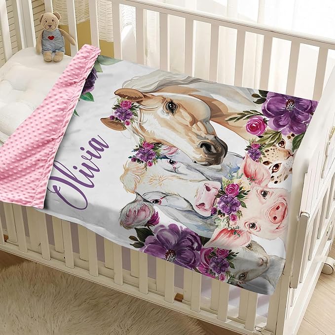 Custom Baby Blanket with Name, Horse and Animals Design, Soft Flannel with Double Layer Dotted Backing, Receiving Swaddle Blanket Suitable for Infants and Toddler