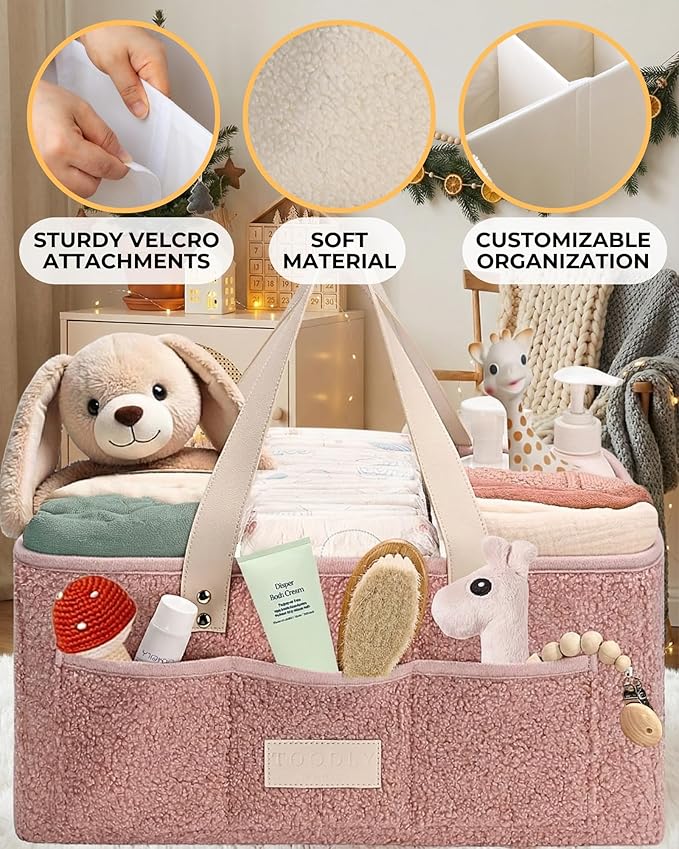Baby Diaper Caddy Organizer with Portable Changing Mat - Teddy Fleece Diaper Organizer for Changing Table - Basket for Changing Essentials - Baby Essentials Organizer with Removable Dividers