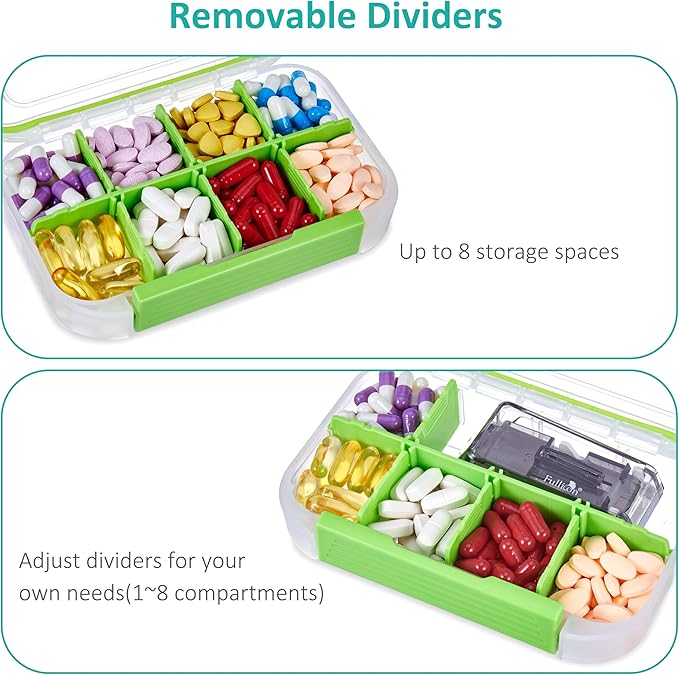 Fullicon Large Pill Organizer with 8 Compartments, Moisture Proof Travel Pill Box with Removable Divider, Daily Pill Container with Lables, Pill Case for Vitamin, Fish Oil, Supplement (Clear Green)