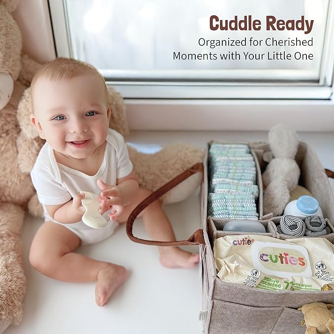 Lily Miles Baby Diaper Caddy Organizer, Nursery Storage Basket for Newborn Essentials, Neutral Gift for Baby Shower, Registry Must-Have, Car Organizer for Diapers and Wipes - Sand, Large