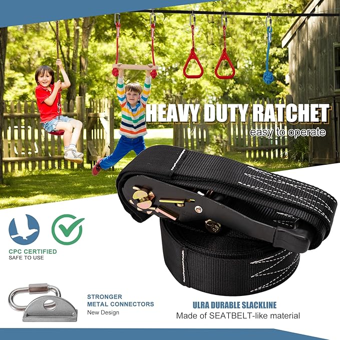 Slsy Ninja Warrior Obstacle Course for Kids, 50FT Durable Ninja Slackline Kit with 8 Accessories, Playset Equipment for Boys & Girls with Swing, Climbing Net, Ladder & Monkey Bars