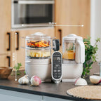 Babymoov Duo Meal Station 6 in 1: Multi-Speed Baby Food Maker Steamer and Puree Blender, Baby Food Processor that warms & defrosts (Nutritionist Approved), Mineral Beige