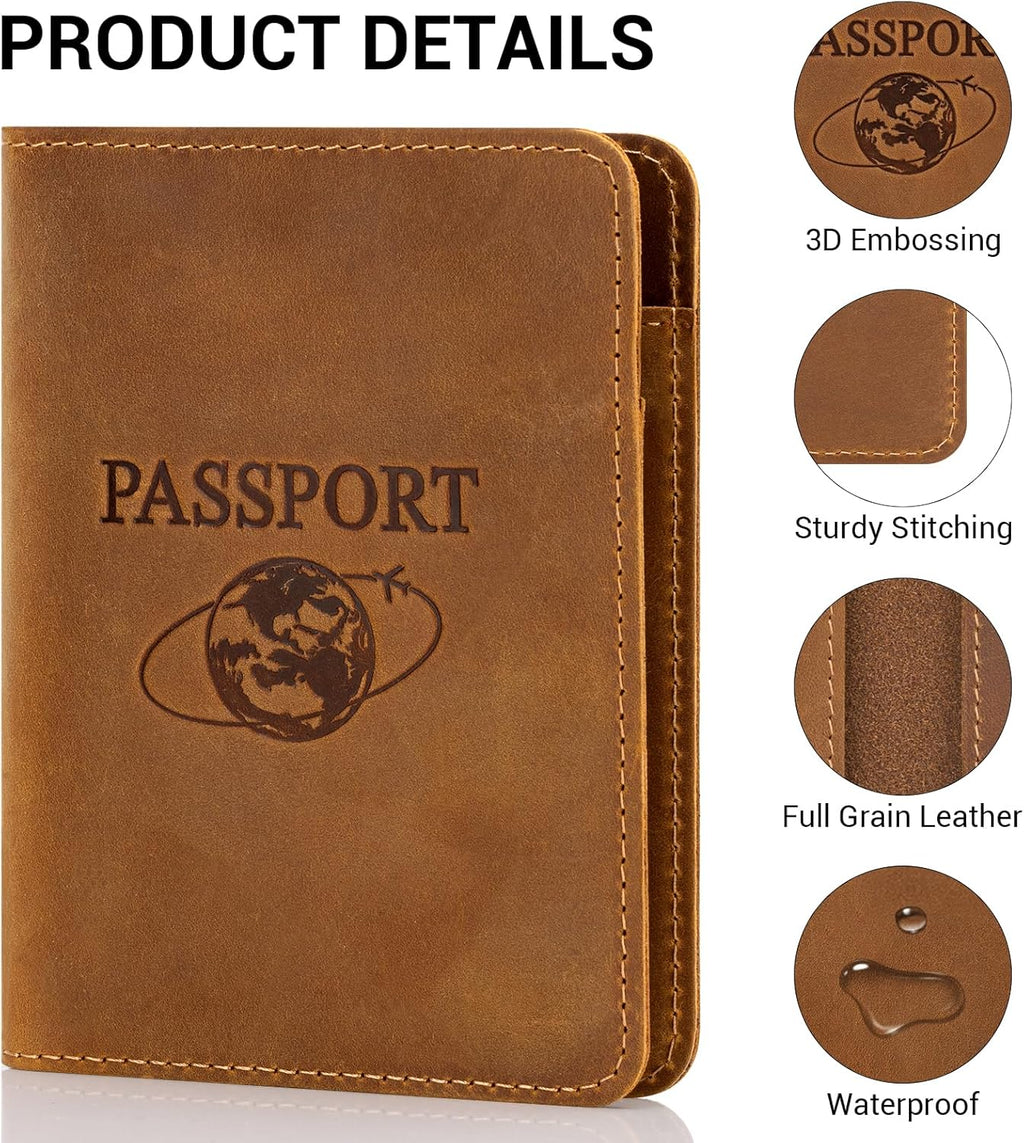 BIAOTIE Premium Leather Passport Holder Covers, Rfid Travel Wallet Passport Document Holder, Travel Essentials Wallet Cover Case for Men and Women (Light Brown)