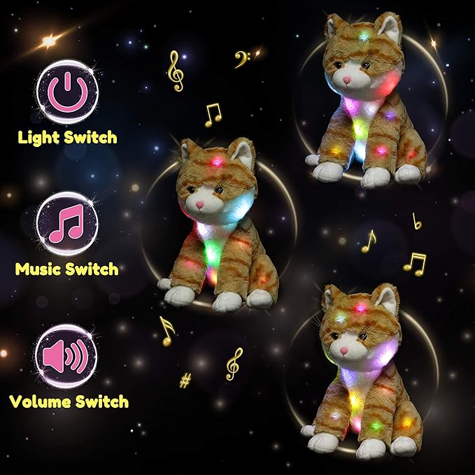 Hopearl LED Musical Stuffed Kitty Lighting Up Singing Plush Cat Adjustable Volume Lullaby Animated Soothe Birthday Festival for Kids Toddler Girls, Orange, 12.5''