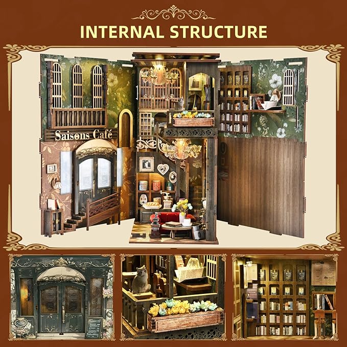 Book Nook Kit, DIY Miniature Dollhouse Book Nook Kit with Dust Cover and LED Light (Saisons Café)