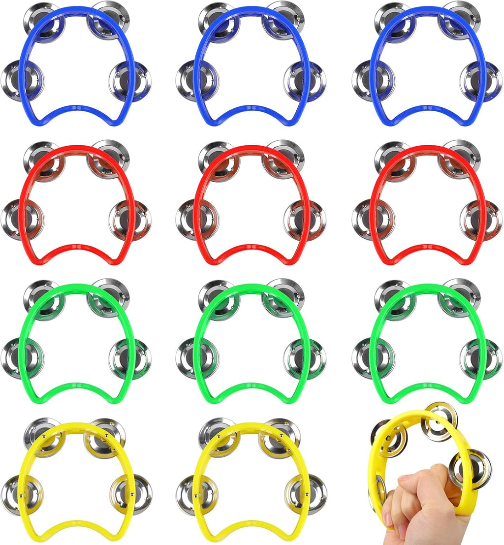 12 Pack Plastic Percussion Tambourine Hand Tambourine Bells, Mini Percussion Tambourines Bulk Hand Held Percussion Drum Musical Rhythm Instrument for Adults Kids Party Supplies(4 Colors)