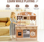 ROBOTIME Wooden Play Kitchen Set, Play Kitchen Set for Kids with Realistic Design, Kids & Toddlers Kitchen Playset with Dishwasher, Toy Kitchen Set for Boys and Girls Ages 3+ (Brown)