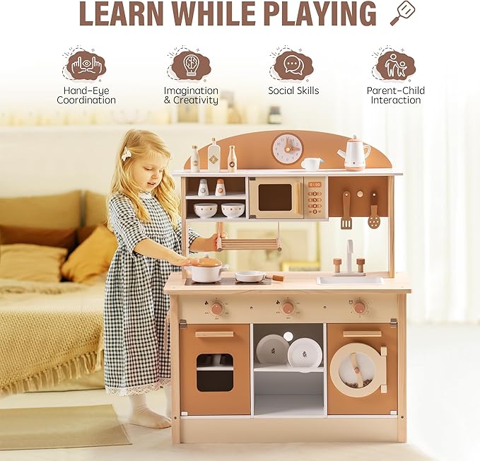 ROBOTIME Wooden Play Kitchen Set, Play Kitchen Set for Kids with Realistic Design, Kids & Toddlers Kitchen Playset with Dishwasher, Toy Kitchen Set for Boys and Girls Ages 3+ (Brown)