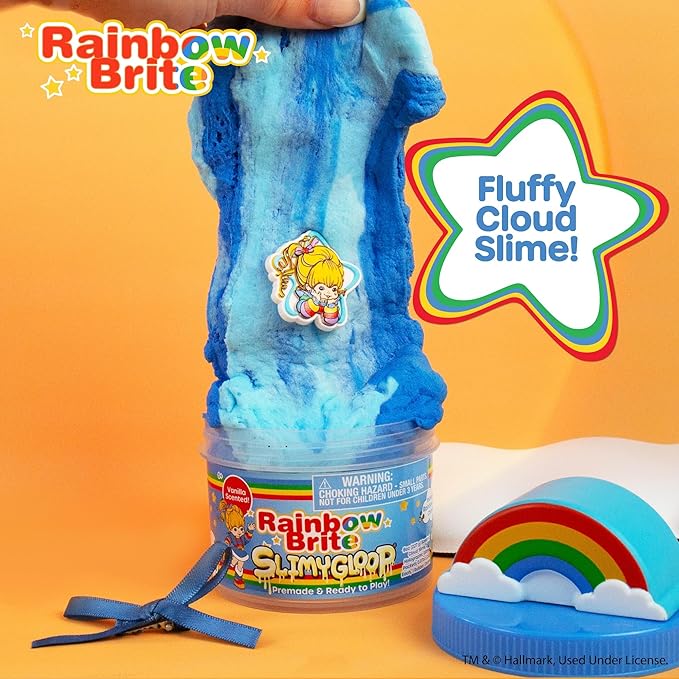 Rainbow Brite Scented Cloud Slime, Vanilla-Scented, Collectible Charm, White Iridescent Tinsel, & Reusable Container with Topper, Cute Stuff for Kids, Colorful Fidget Toys, Goody Bags Stuffers