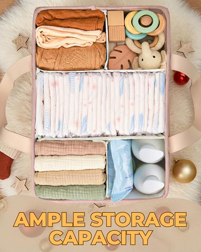 Baby Diaper Caddy Organizer with Portable Changing Mat - Teddy Fleece Diaper Organizer for Changing Table - Basket for Changing Essentials - Baby Essentials Organizer with Removable Dividers