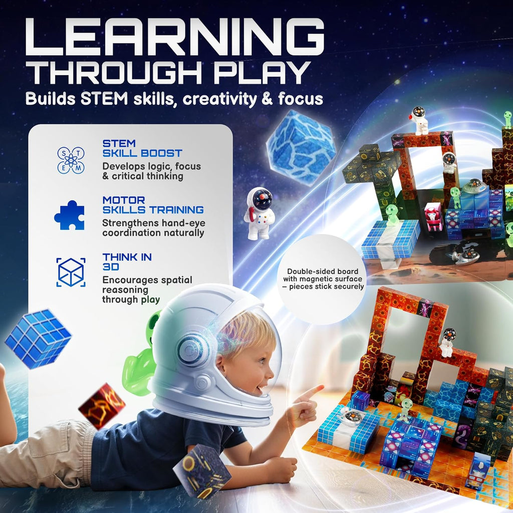 181 PCS Magnetic Blocks | Magnetic Building Blocks for Kids Age 3+ | Exclusive Magnetic Space Cubes with Custom LED | Magnet Blocks for Boys & Girls, STEM Sensory Educational Gift