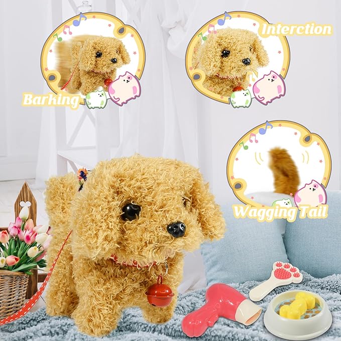 Plush Toys Walking Dog Toys That Can Walk, Bark and Wag Tail,Interactive Electronic Pet Toys Puppy with Leash,Easter Christmas Birthday Gift for Toddlers Kids