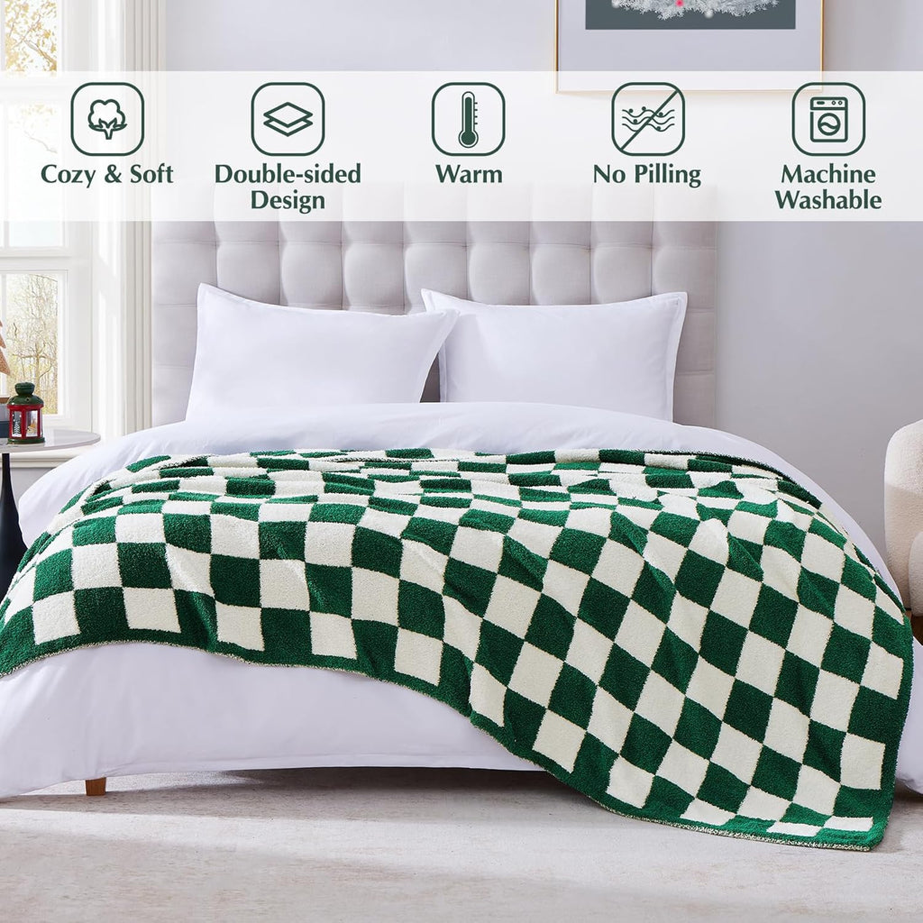 WRENSONGE Checkered Throw Blanket, Avocado Green Soft Cozy Fluffy Warm Hand Made Throw Blankets for Couch, Sofa, Chair, Bed, Camping, Picnic, Travel Lightweight Bed Blanket - 60"*80"