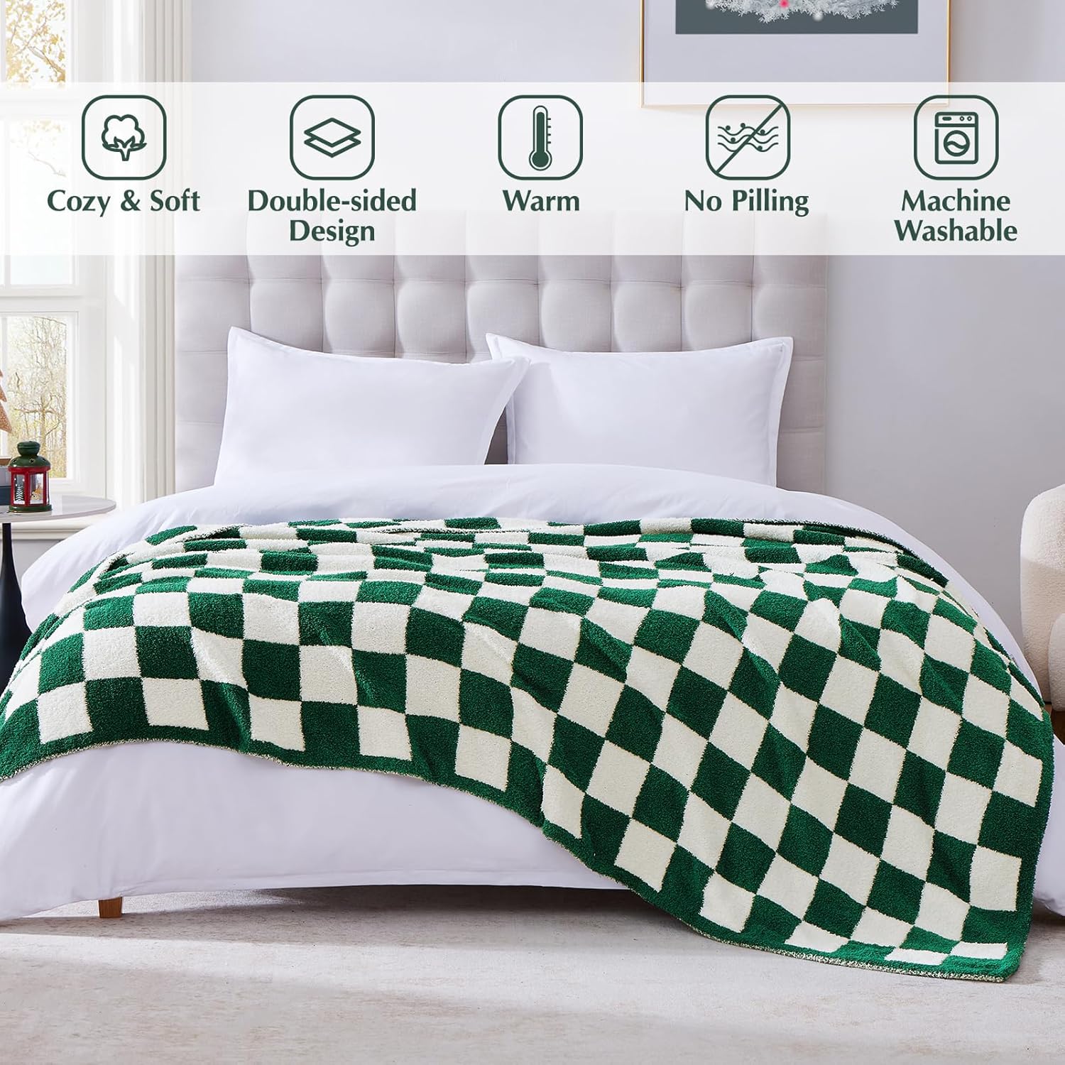 WRENSONGE Checkered Throw Blanket, Avocado Green Soft Cozy Fluffy Warm Hand Made Throw Blankets for Couch, Sofa, Chair, Bed, Camping, Picnic, Travel Lightweight Bed Blanket - 60"*80"