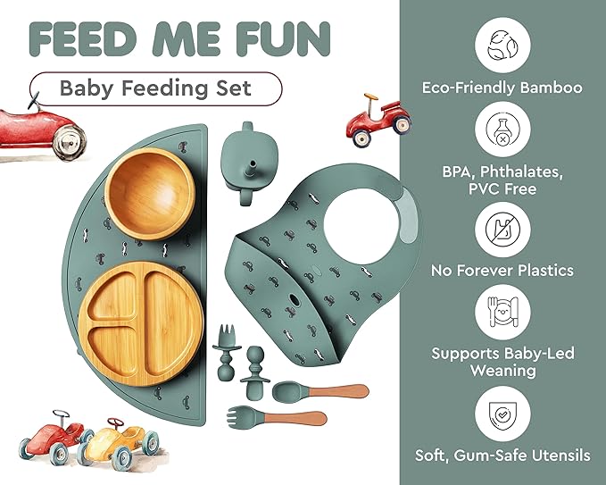 Bamboo Baby Feeding Set for Infants & Toddlers - Baby Essentials, Non-Toxic, Sustainable, Bamboo Suction Plate & Bowl, Bib, Sippy Cup w/Lid & Straw, Perfect Baby Shower Gifts (Pine Gray)