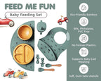 Bamboo Baby Feeding Set for Infants & Toddlers - Baby Essentials, Non-Toxic, Sustainable, Bamboo Suction Plate & Bowl, Bib, Sippy Cup w/Lid & Straw, Perfect Baby Shower Gifts (Pine Gray)